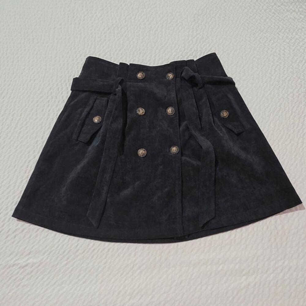 kLd Corduroy mini skirt M Medium dark navy USA preppy buttons cozy paperbag tie